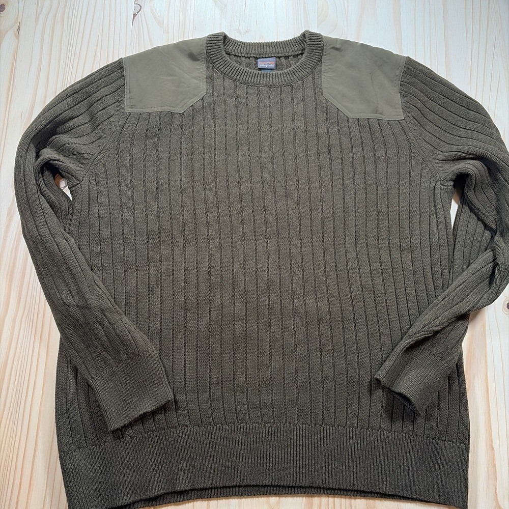 Patagonia Mens Sz L Fog Cutter Hemp Knit Shoulder Patches Pullover Sweater Olive